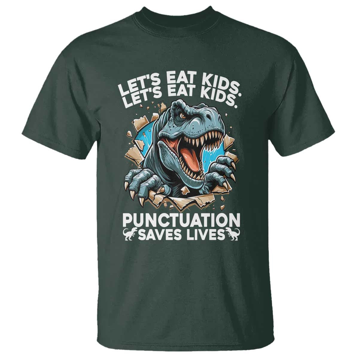 Funny Grammar Dino T Shirt Let Us Eat Kids Punctuation Saves Lives - Wonder Print Shop