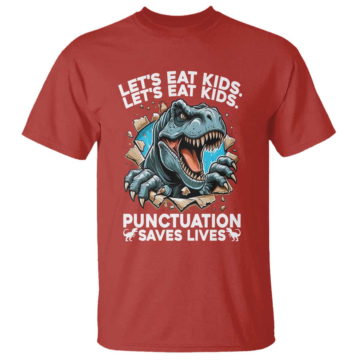 Funny Grammar Dino T Shirt Let Us Eat Kids Punctuation Saves Lives - Wonder Print Shop