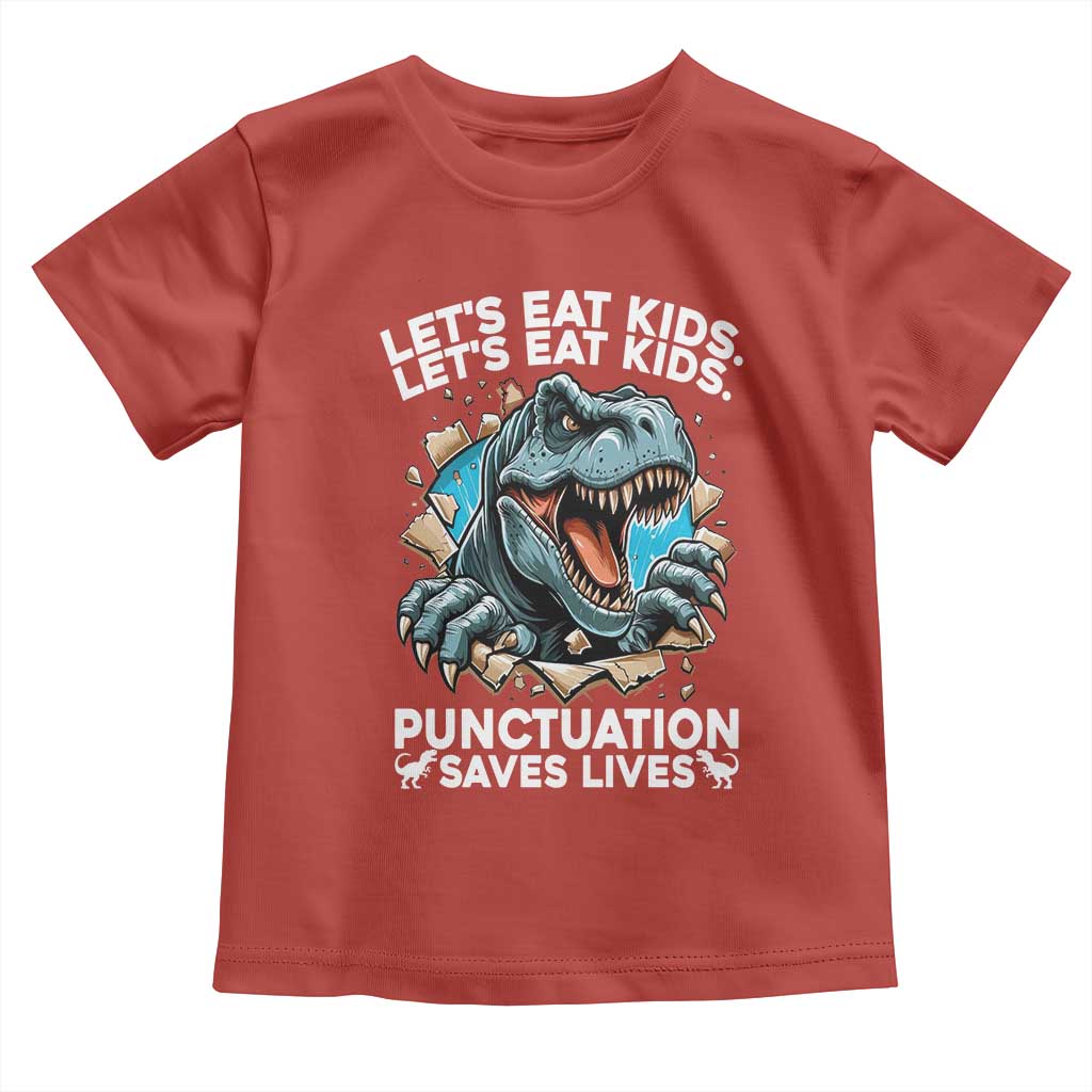 Funny Grammar Dino Toddler T Shirt Let Us Eat Kids Punctuation Saves Lives - Wonder Print Shop