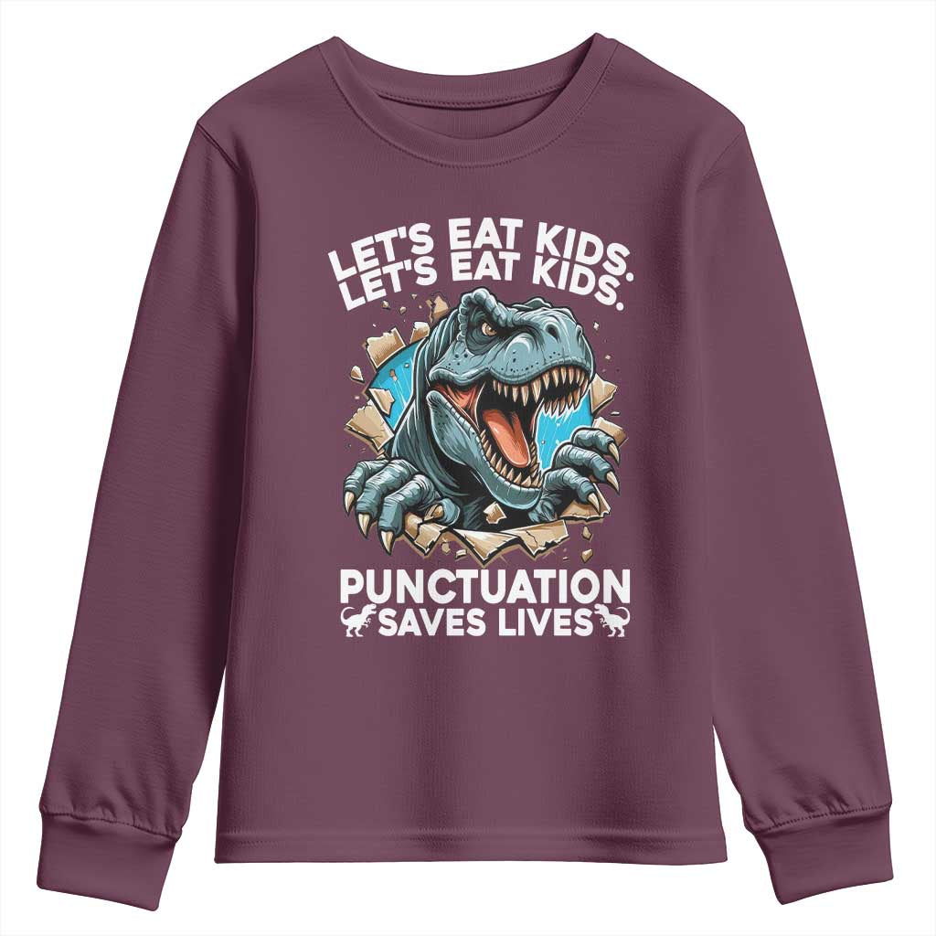 Funny Grammar Dino Youth Sweatshirt Let Us Eat Kids Punctuation Saves Lives - Wonder Print Shop