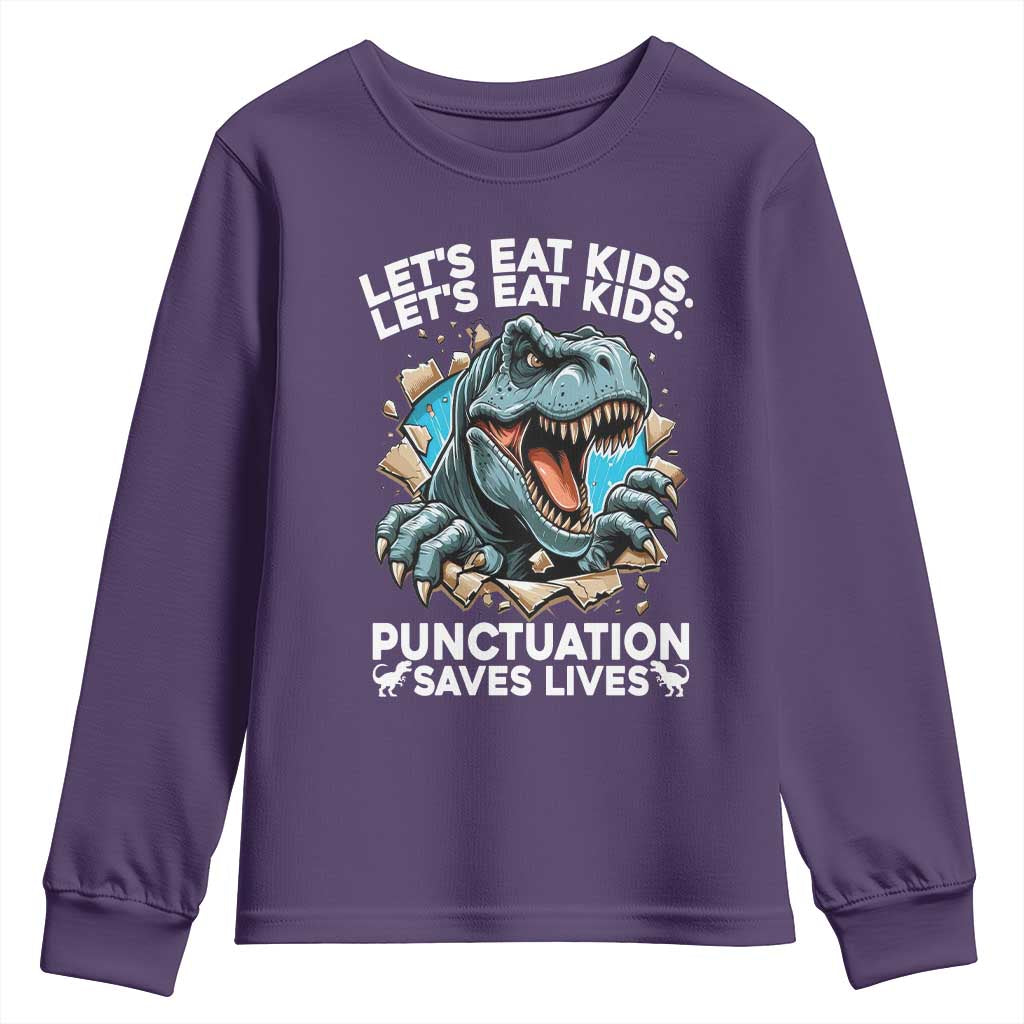 Funny Grammar Dino Youth Sweatshirt Let Us Eat Kids Punctuation Saves Lives - Wonder Print Shop