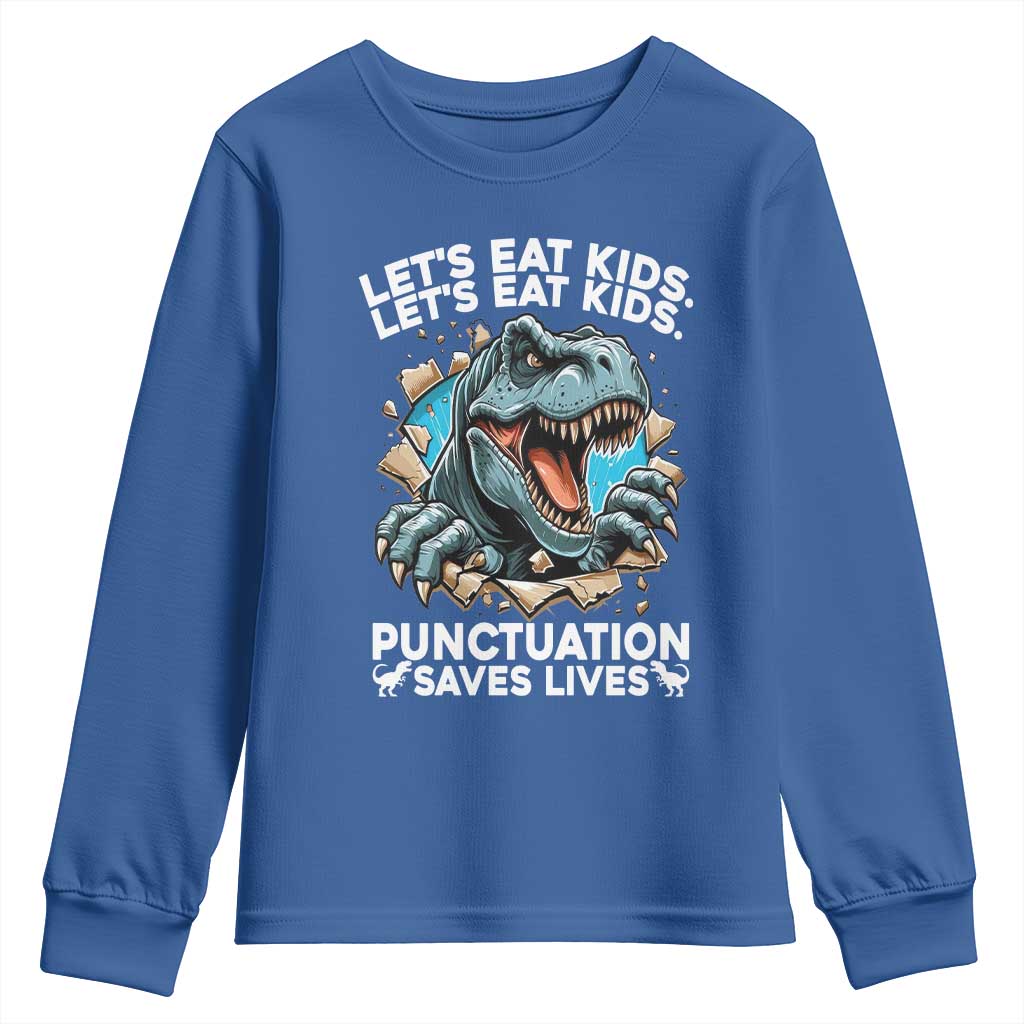 Funny Grammar Dino Youth Sweatshirt Let Us Eat Kids Punctuation Saves Lives - Wonder Print Shop