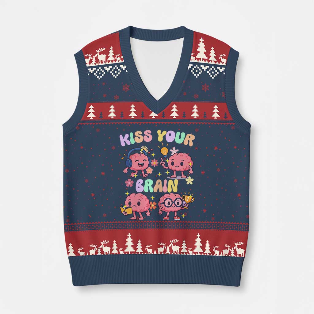 Kiss Your Brain V-Neck Knit Sweater Vest Funny Teacher - Wonder Print Shop