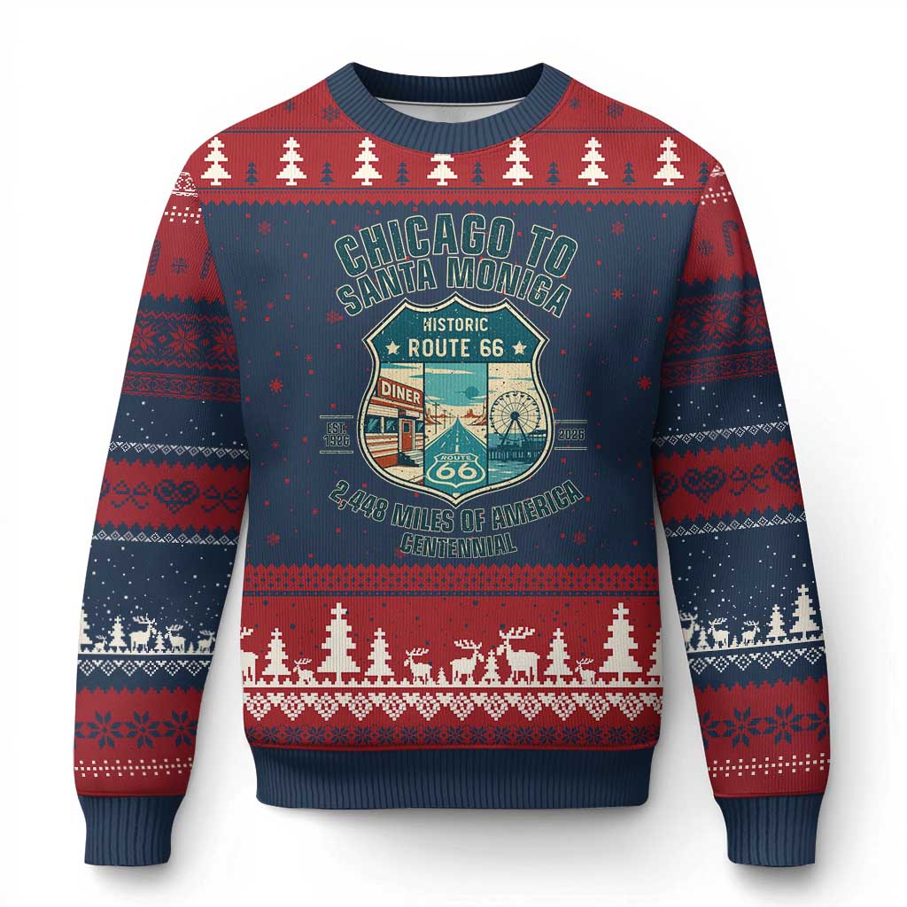 Route Highway 66 Chicago Santa Monica Vintage America Road Trip Ugly Christmas Sweater