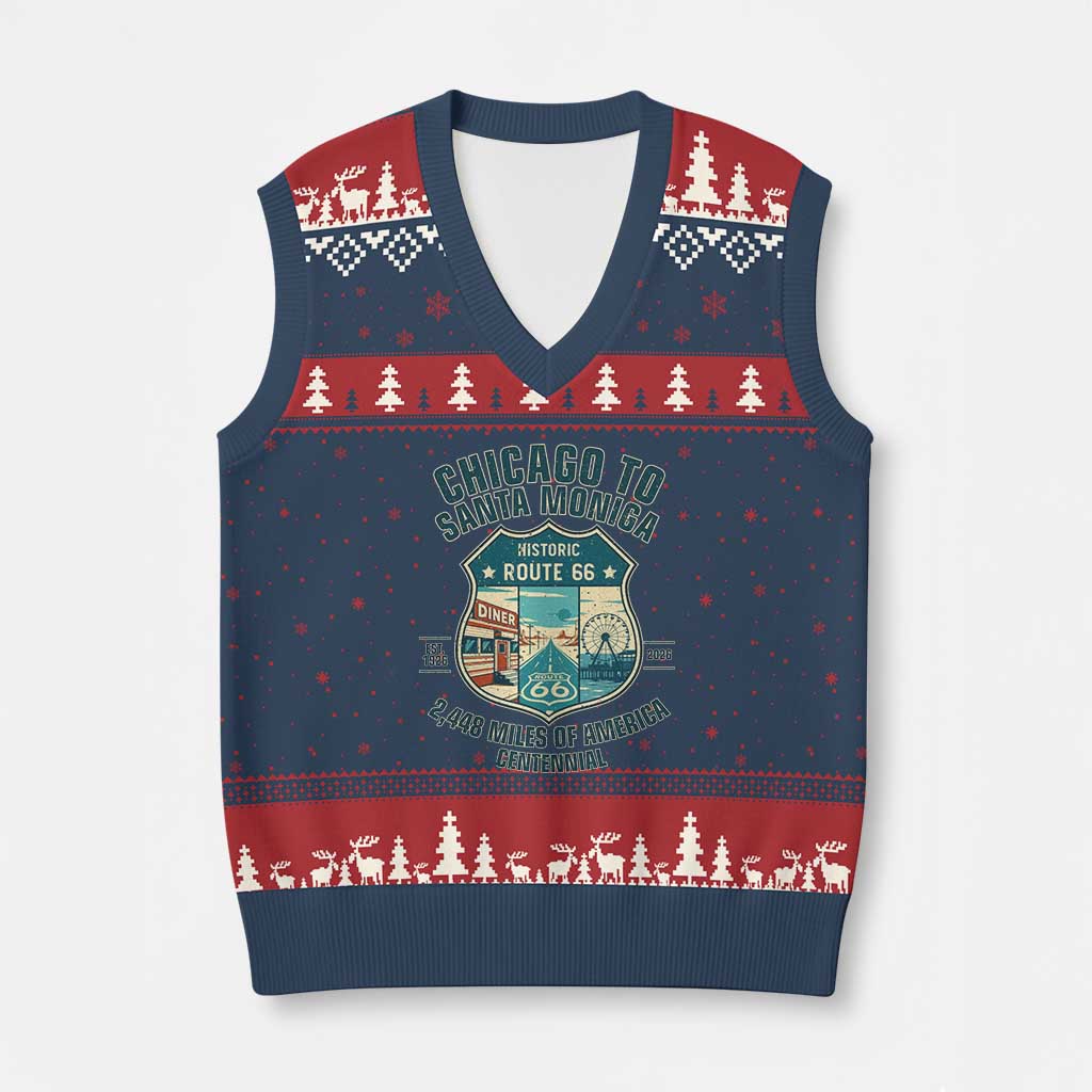 Route Highway 66 Chicago Santa Monica Vintage America Road Trip V-Neck Knit Sweater Vest