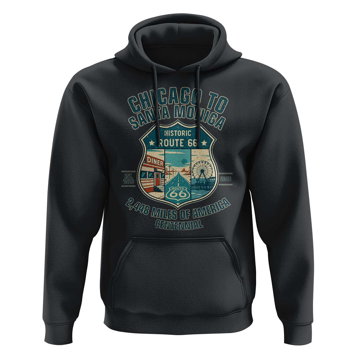 Route Highway 66 Chicago Santa Monica Vintage America Road Trip Hoodie