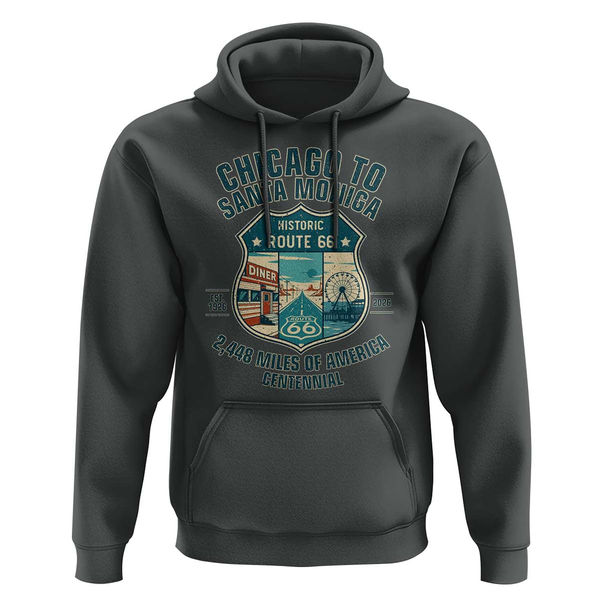 Route Highway 66 Chicago Santa Monica Vintage America Road Trip Hoodie
