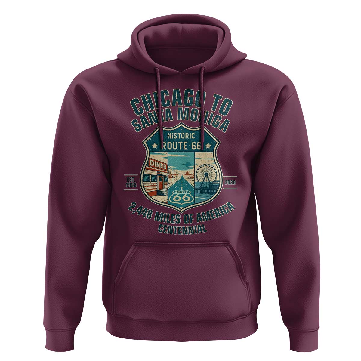 Route Highway 66 Chicago Santa Monica Vintage America Road Trip Hoodie