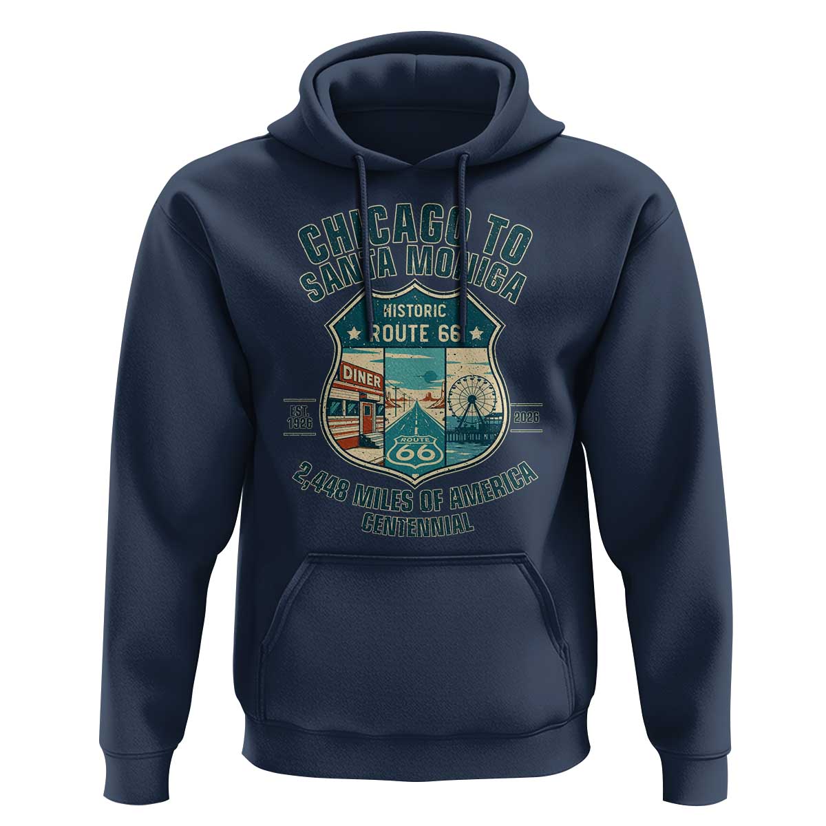 Route Highway 66 Chicago Santa Monica Vintage America Road Trip Hoodie