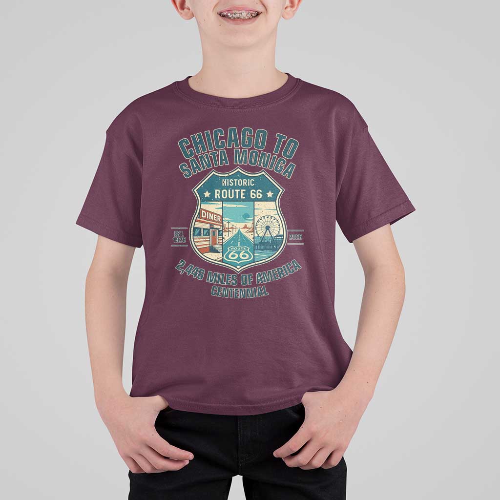 Route Highway 66 Chicago Santa Monica Vintage America Road Trip T Shirt For Kid