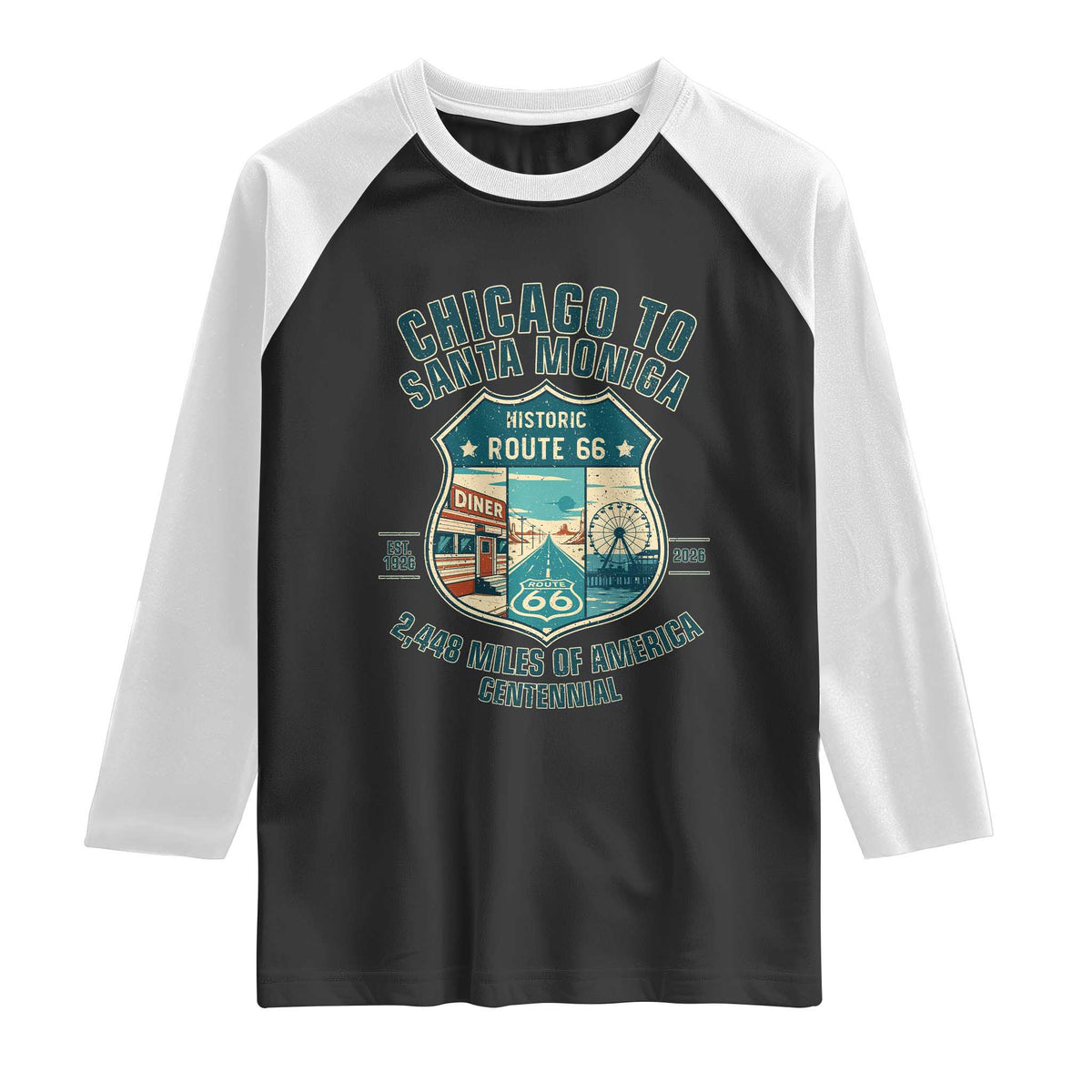 Route Highway 66 Chicago Santa Monica Vintage America Road Trip Raglan Shirt
