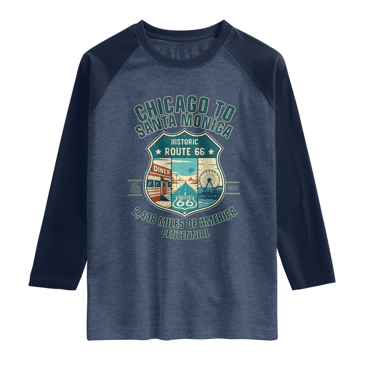Route Highway 66 Chicago Santa Monica Vintage America Road Trip Raglan Shirt
