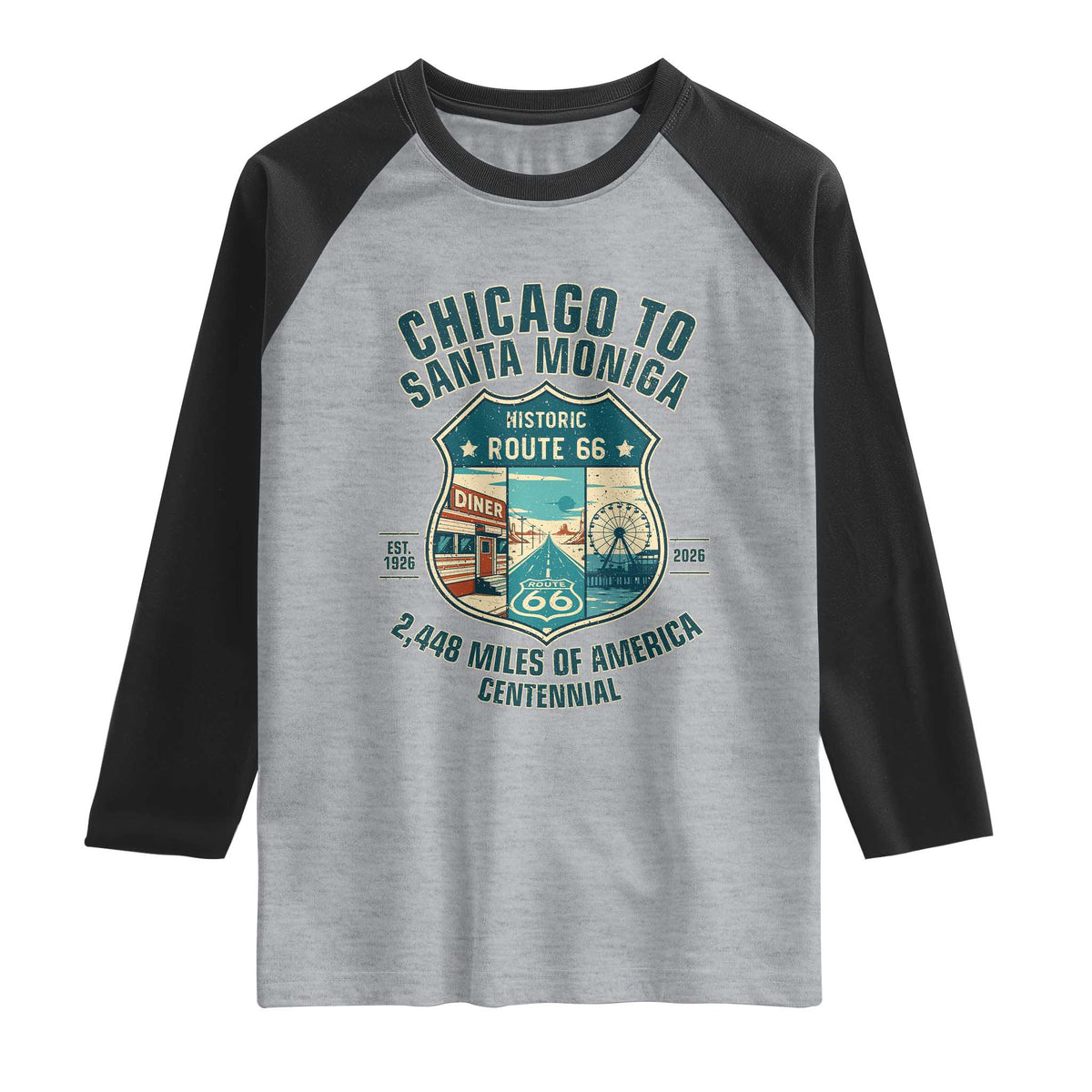 Route Highway 66 Chicago Santa Monica Vintage America Road Trip Raglan Shirt