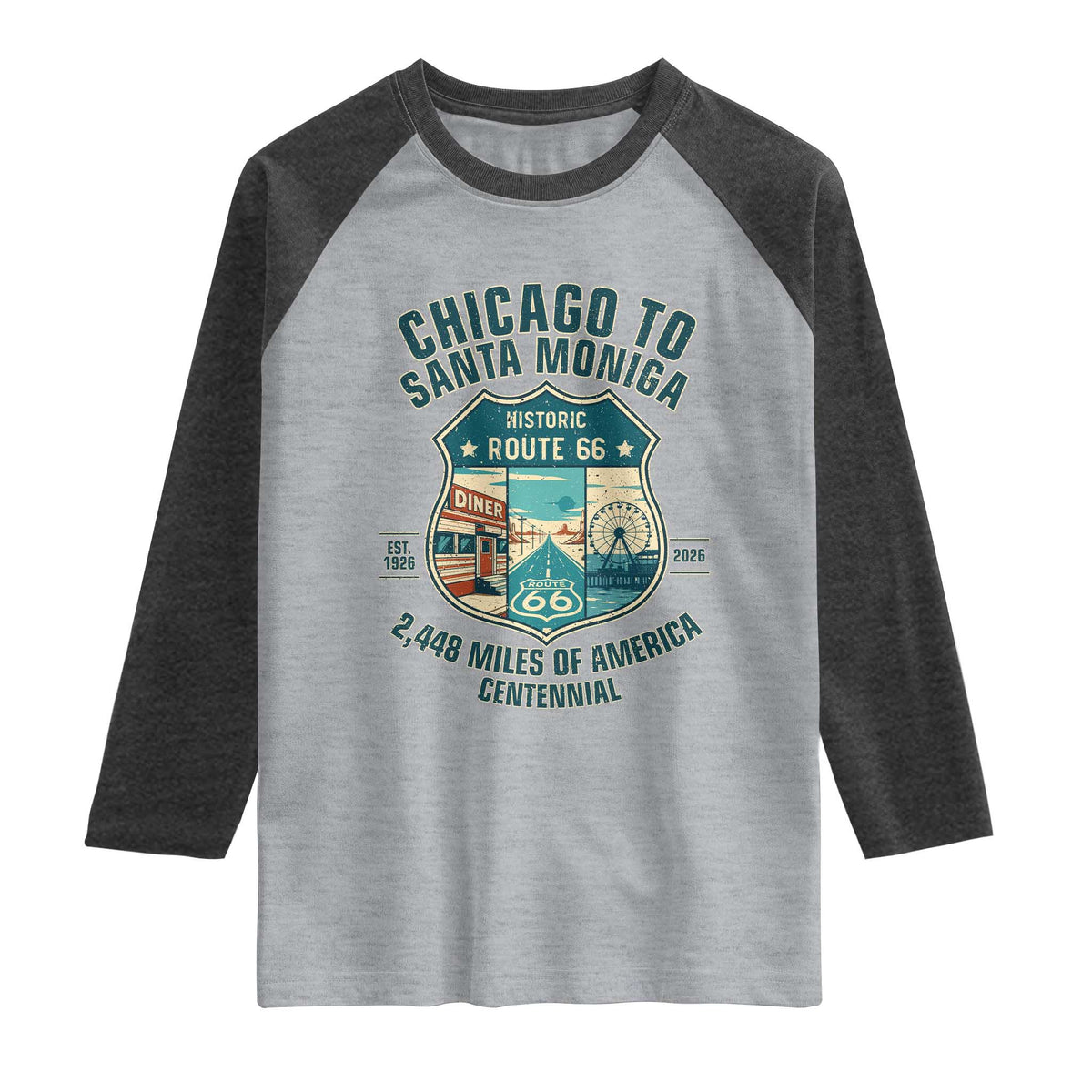 Route Highway 66 Chicago Santa Monica Vintage America Road Trip Raglan Shirt