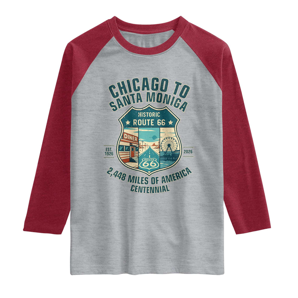 Route Highway 66 Chicago Santa Monica Vintage America Road Trip Raglan Shirt