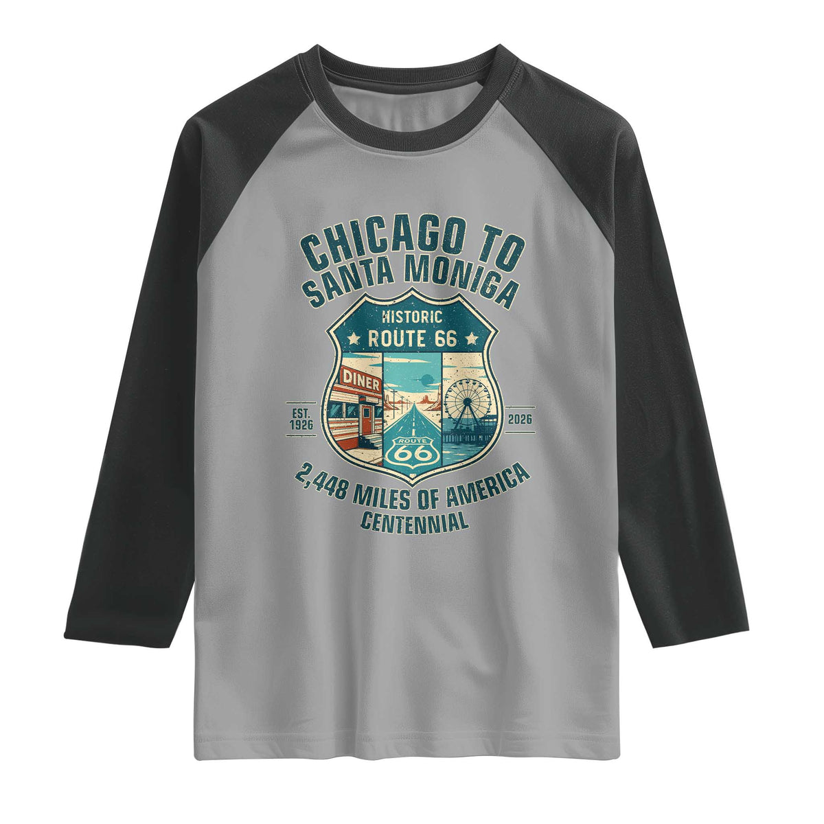 Route Highway 66 Chicago Santa Monica Vintage America Road Trip Raglan Shirt