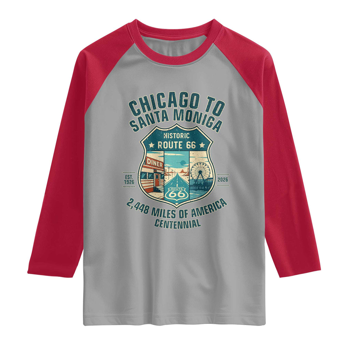 Route Highway 66 Chicago Santa Monica Vintage America Road Trip Raglan Shirt