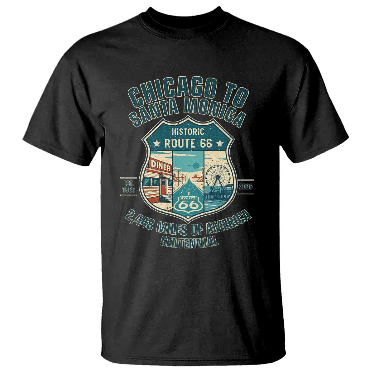 Route Highway 66 Chicago Santa Monica Vintage America Road Trip T Shirt