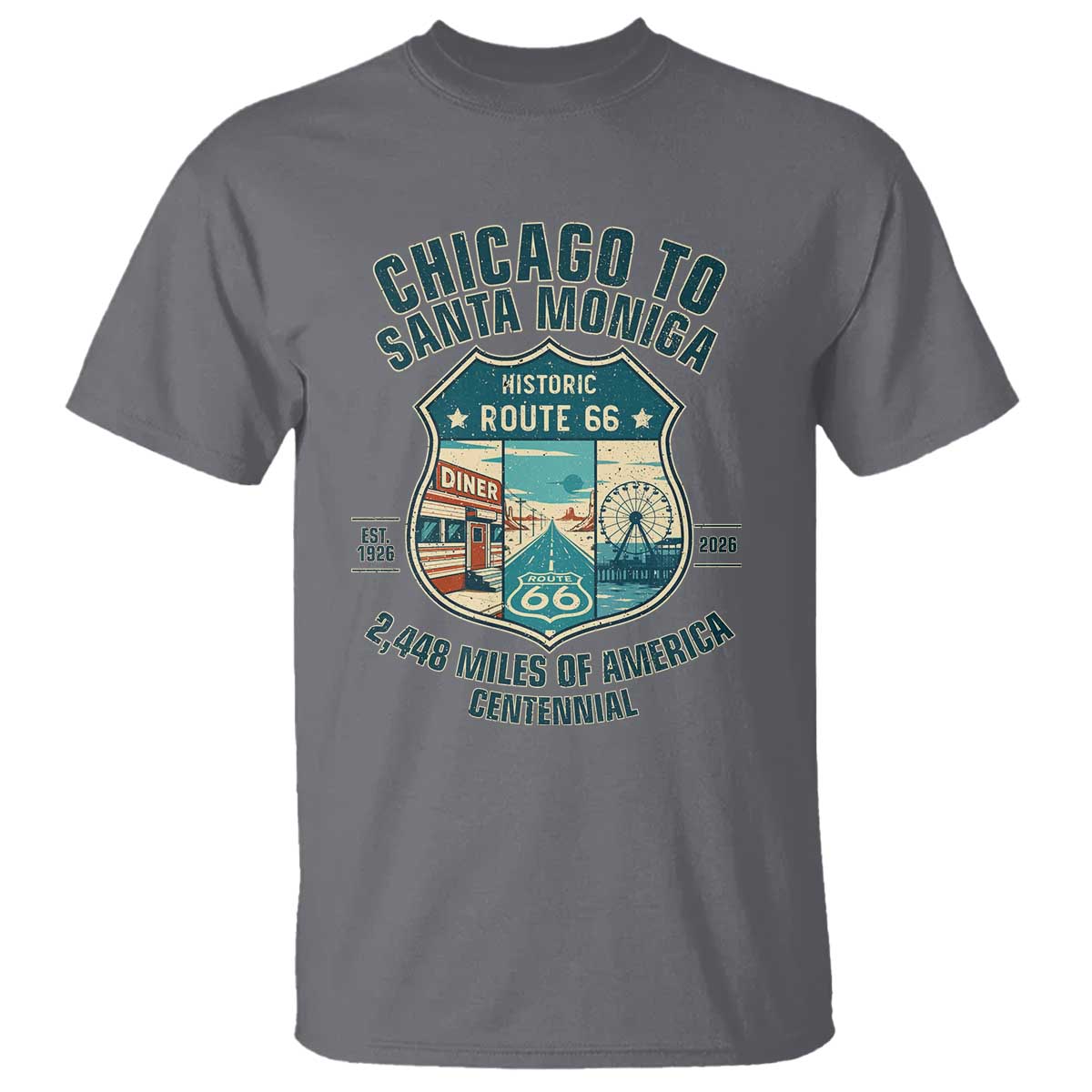Route Highway 66 Chicago Santa Monica Vintage America Road Trip T Shirt