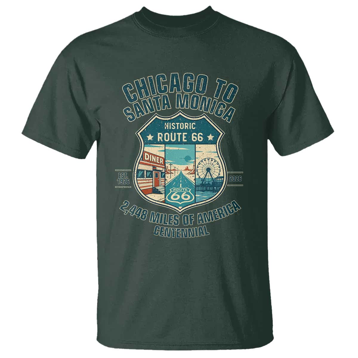 Route Highway 66 Chicago Santa Monica Vintage America Road Trip T Shirt