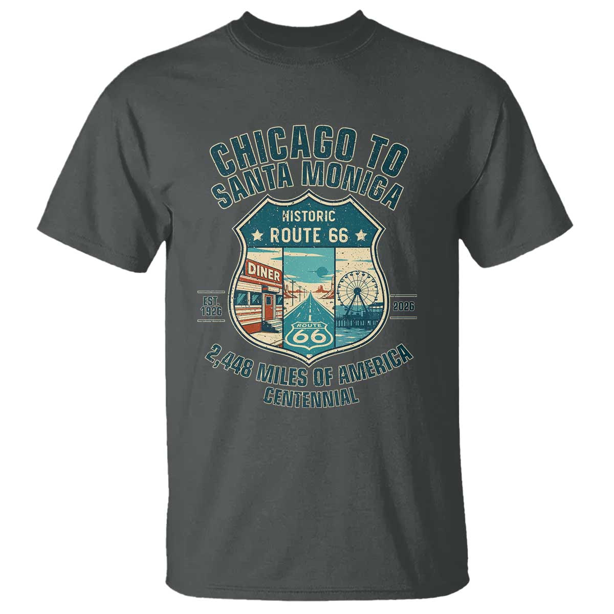 Route Highway 66 Chicago Santa Monica Vintage America Road Trip T Shirt