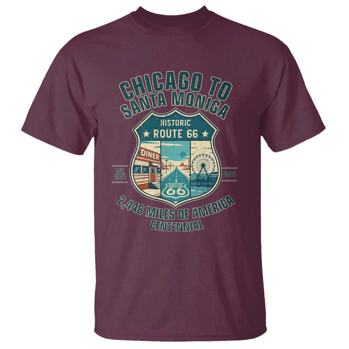 Route Highway 66 Chicago Santa Monica Vintage America Road Trip T Shirt