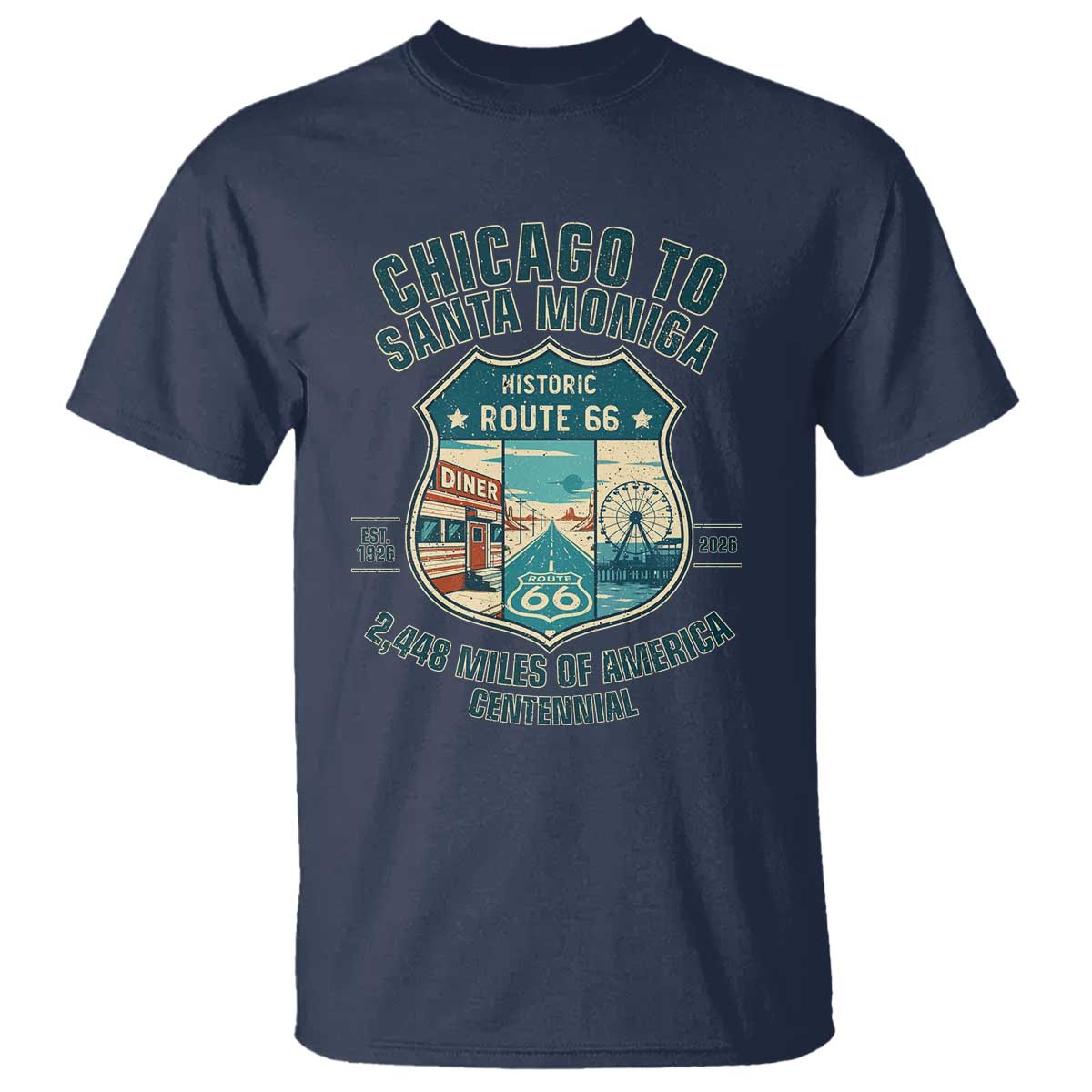 Route Highway 66 Chicago Santa Monica Vintage America Road Trip T Shirt
