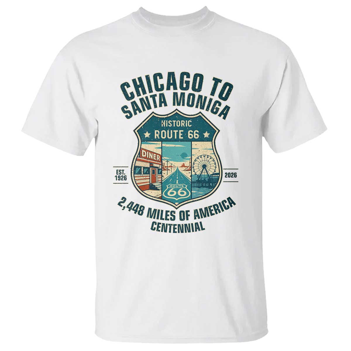 Route Highway 66 Chicago Santa Monica Vintage America Road Trip T Shirt