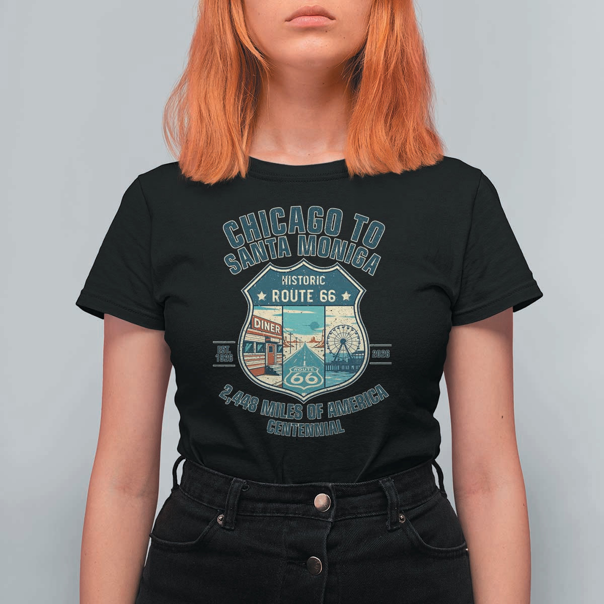Route Highway 66 Chicago Santa Monica Vintage America Road Trip T Shirt For Women