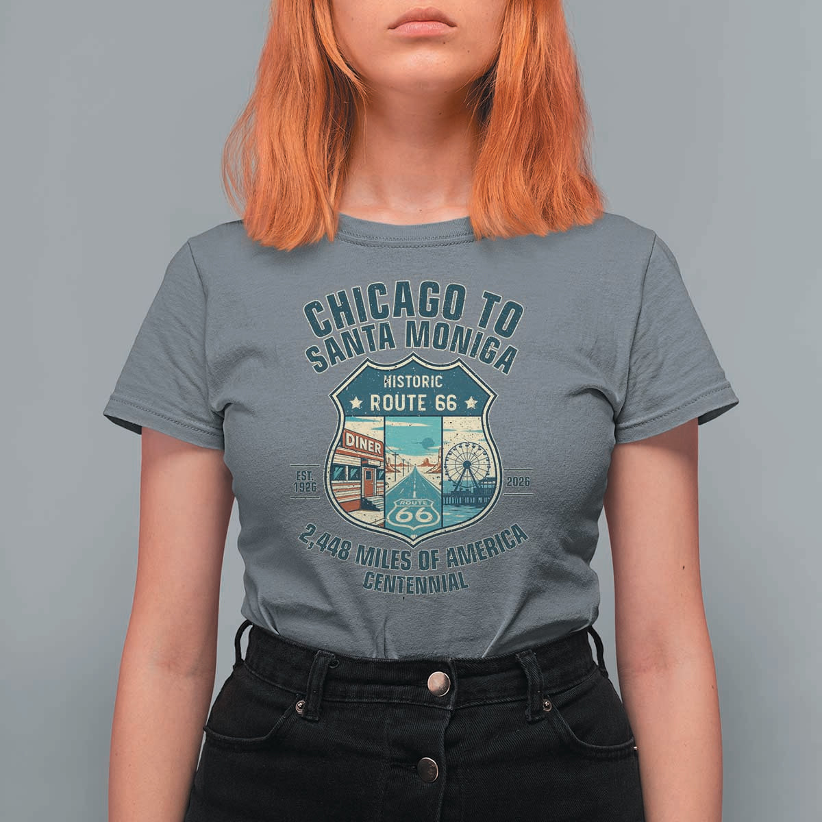 Route Highway 66 Chicago Santa Monica Vintage America Road Trip T Shirt For Women