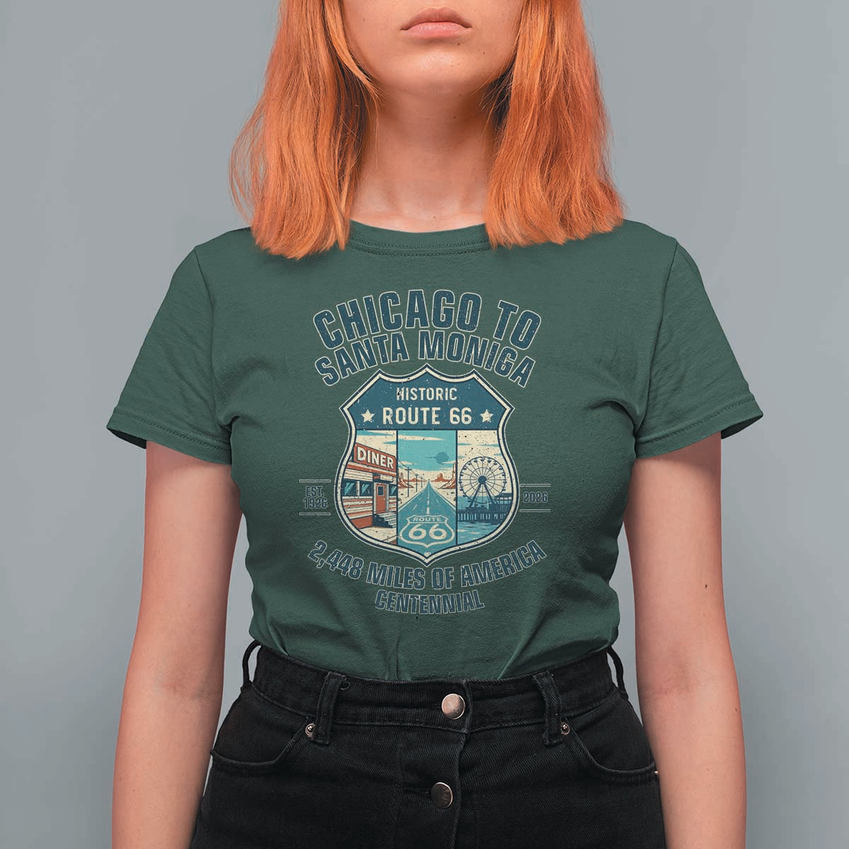 Route Highway 66 Chicago Santa Monica Vintage America Road Trip T Shirt For Women