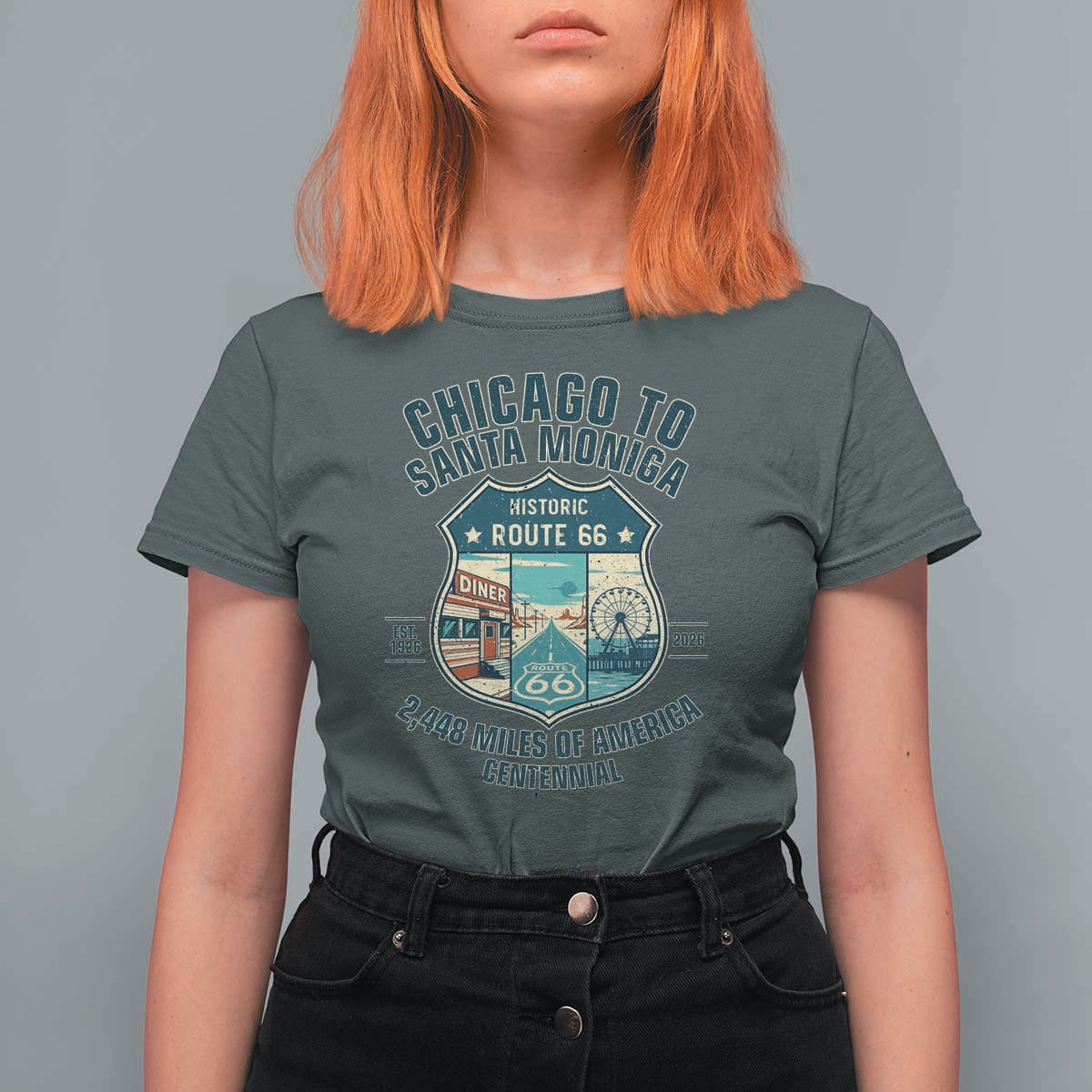 Route Highway 66 Chicago Santa Monica Vintage America Road Trip T Shirt For Women