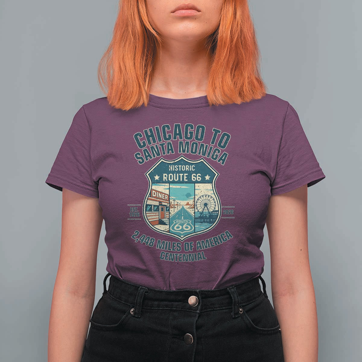 Route Highway 66 Chicago Santa Monica Vintage America Road Trip T Shirt For Women