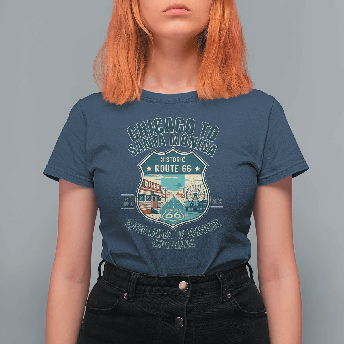 Route Highway 66 Chicago Santa Monica Vintage America Road Trip T Shirt For Women