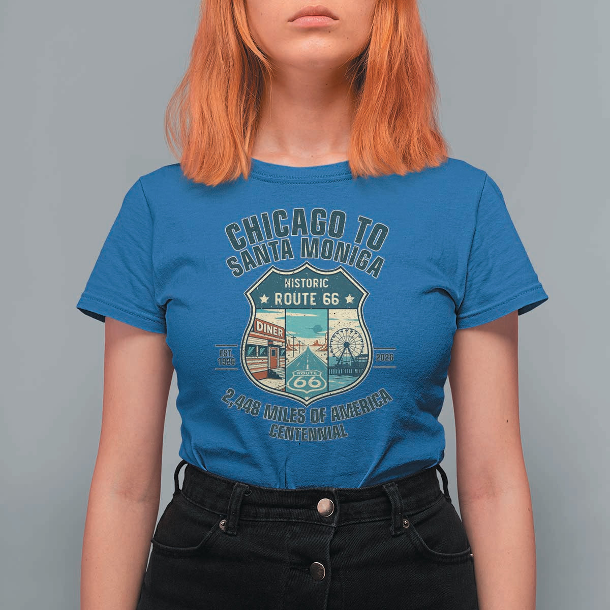 Route Highway 66 Chicago Santa Monica Vintage America Road Trip T Shirt For Women