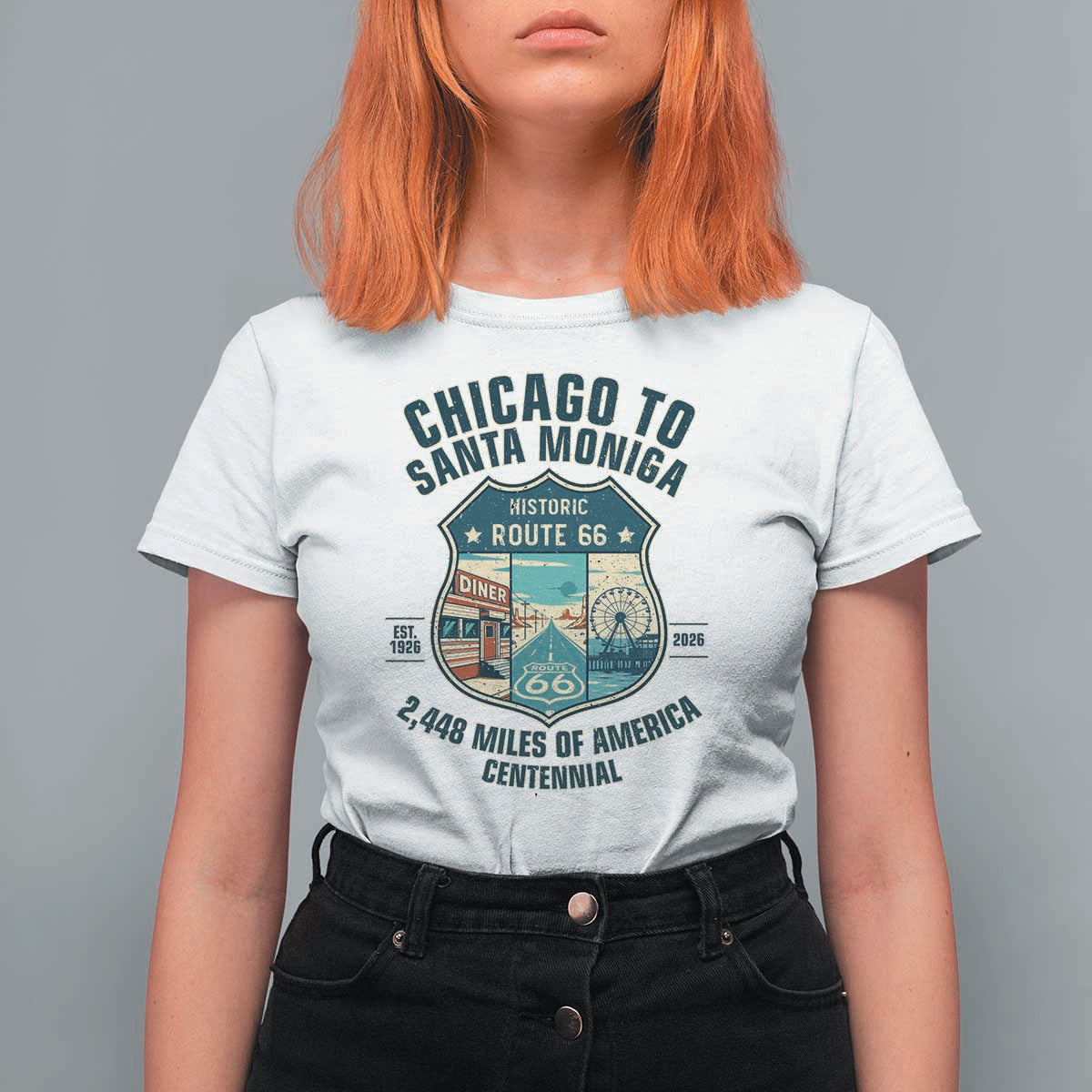 Route Highway 66 Chicago Santa Monica Vintage America Road Trip T Shirt For Women