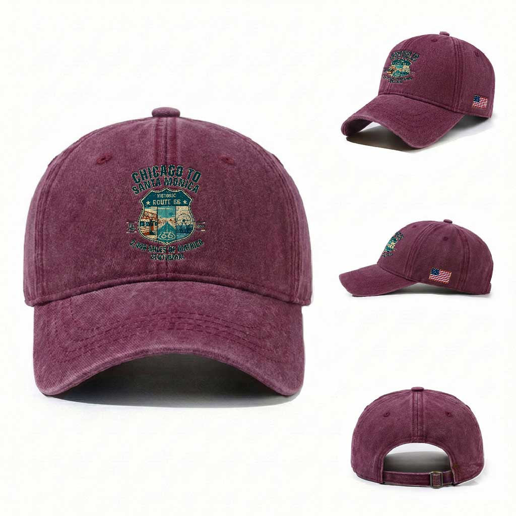 Route Highway 66 Chicago Santa Monica Vintage America Road Trip Washed Cotton Baseball Cap