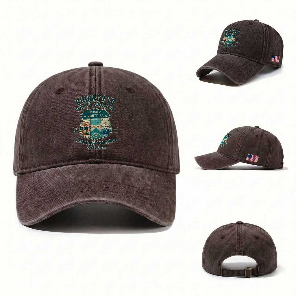 Route Highway 66 Chicago Santa Monica Vintage America Road Trip Washed Cotton Baseball Cap