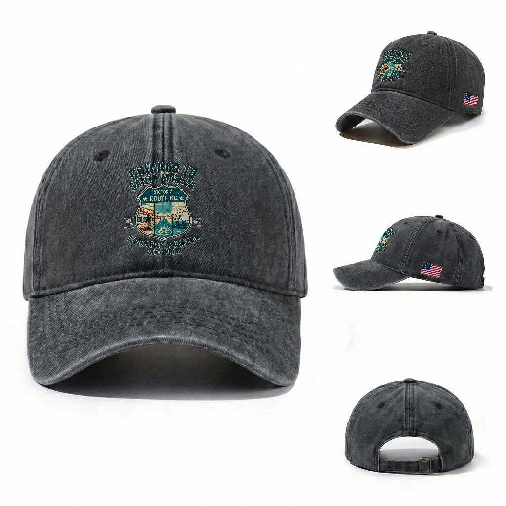 Route Highway 66 Chicago Santa Monica Vintage America Road Trip Washed Cotton Baseball Cap