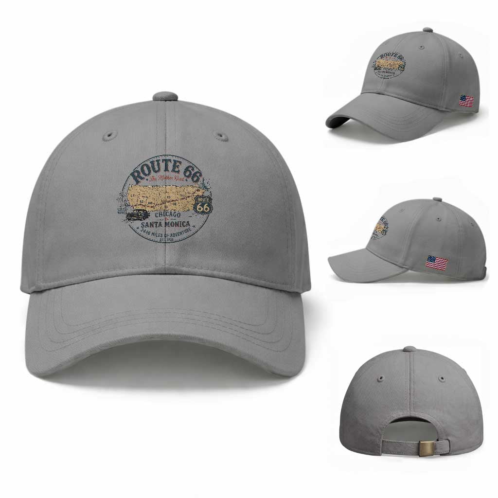 Route Highway 66 Map Chicago to Santa Monica Baseball Cap Vintage America Road Trip Americana