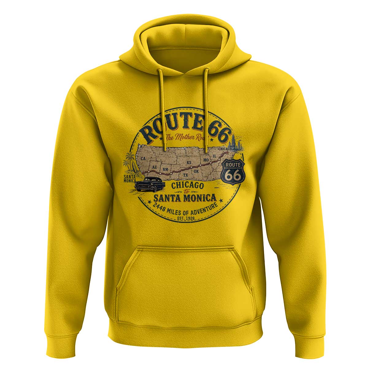 Route Highway 66 Map Chicago to Santa Monica Hoodie Vintage America Road Trip Americana