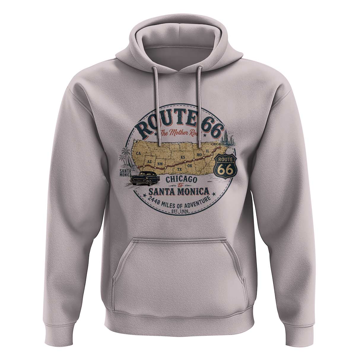 Route Highway 66 Map Chicago to Santa Monica Hoodie Vintage America Road Trip Americana