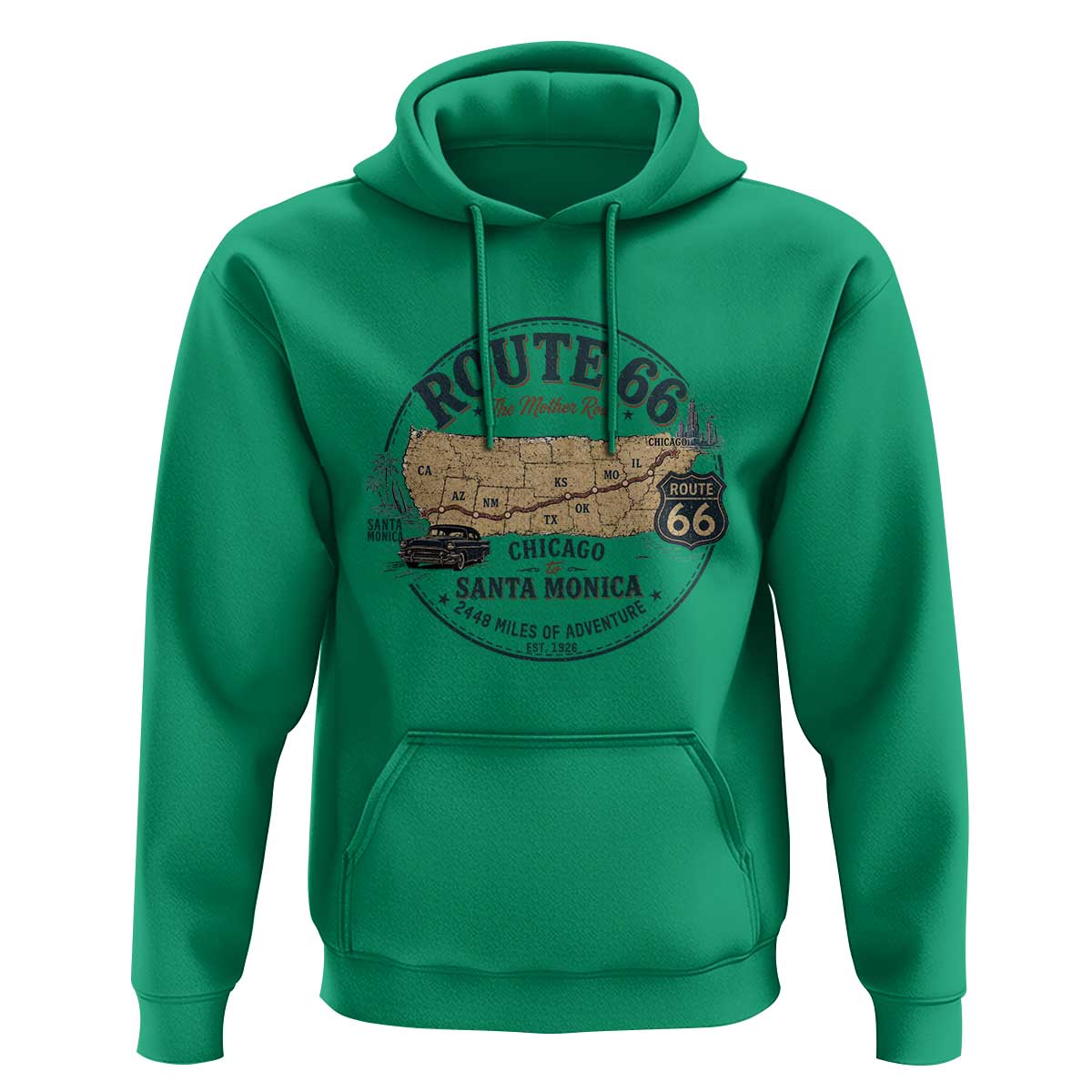 Route Highway 66 Map Chicago to Santa Monica Hoodie Vintage America Road Trip Americana