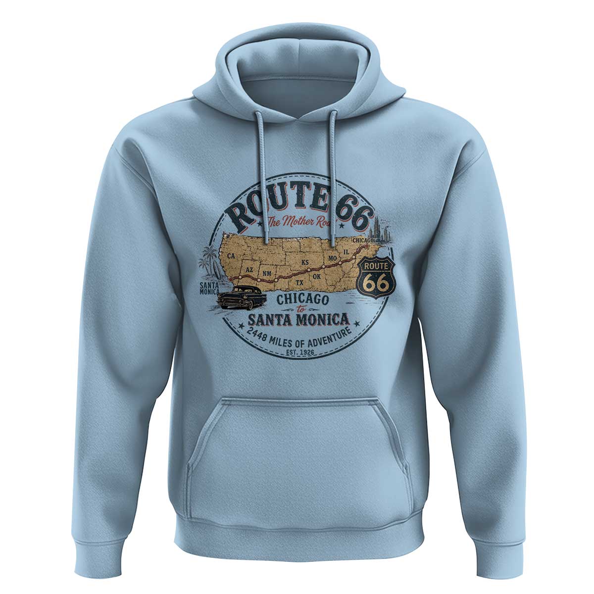 Route Highway 66 Map Chicago to Santa Monica Hoodie Vintage America Road Trip Americana