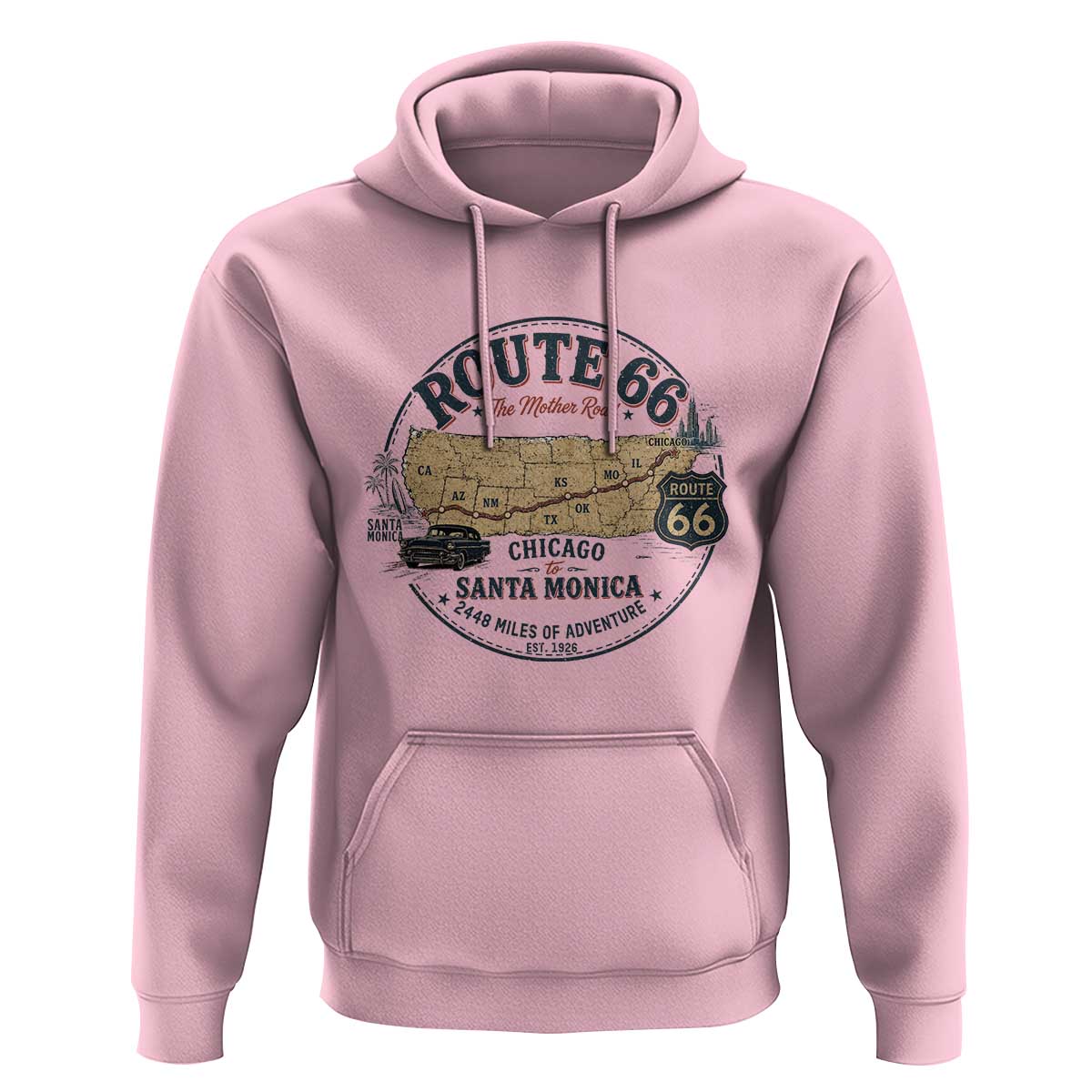 Route Highway 66 Map Chicago to Santa Monica Hoodie Vintage America Road Trip Americana