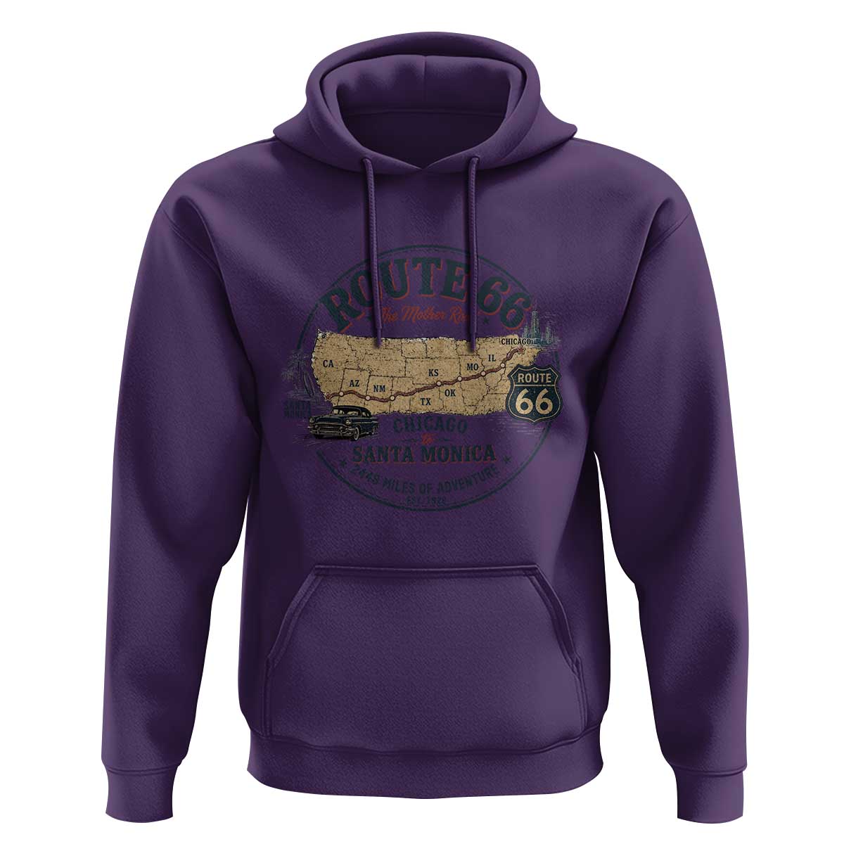 Route Highway 66 Map Chicago to Santa Monica Hoodie Vintage America Road Trip Americana