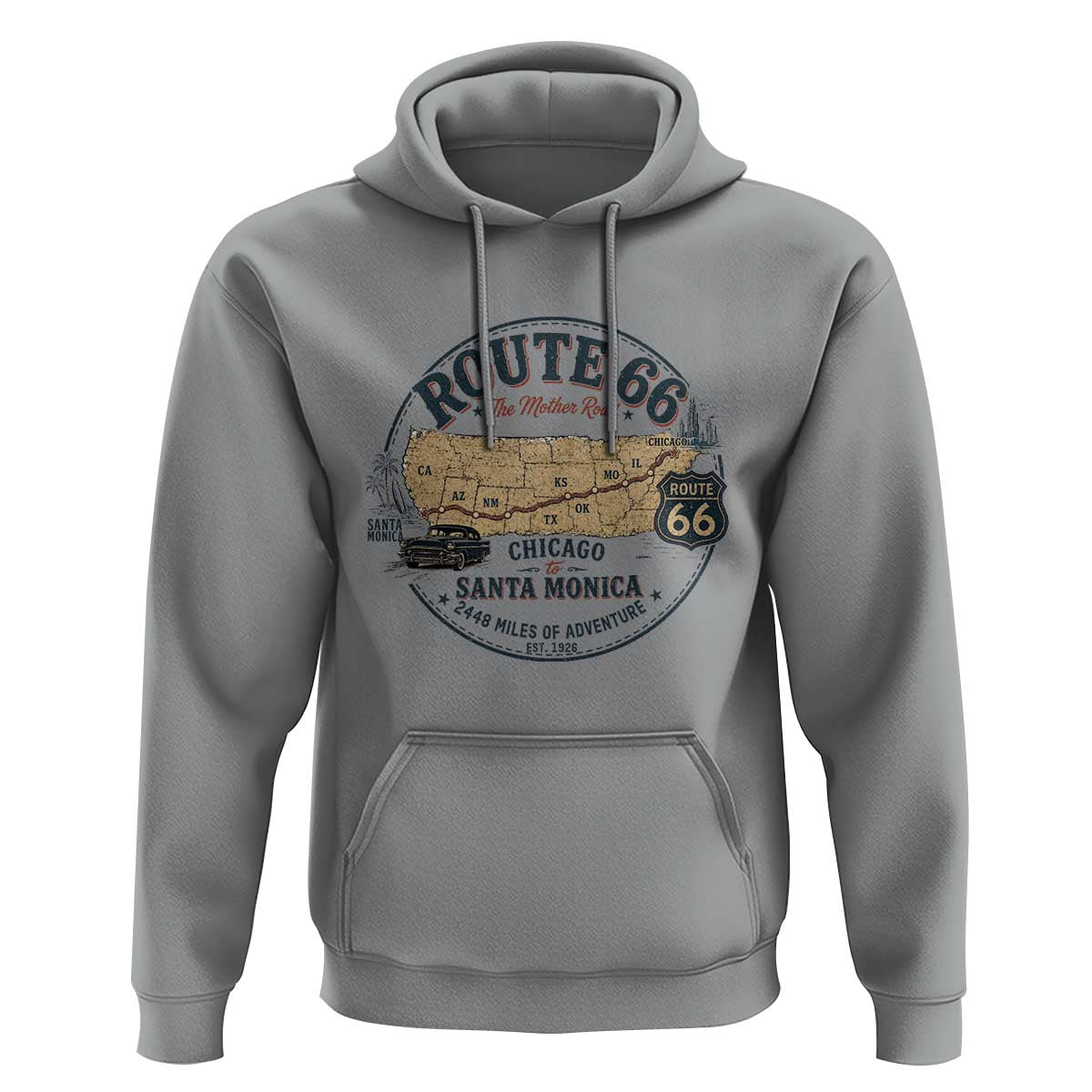 Route Highway 66 Map Chicago to Santa Monica Hoodie Vintage America Road Trip Americana
