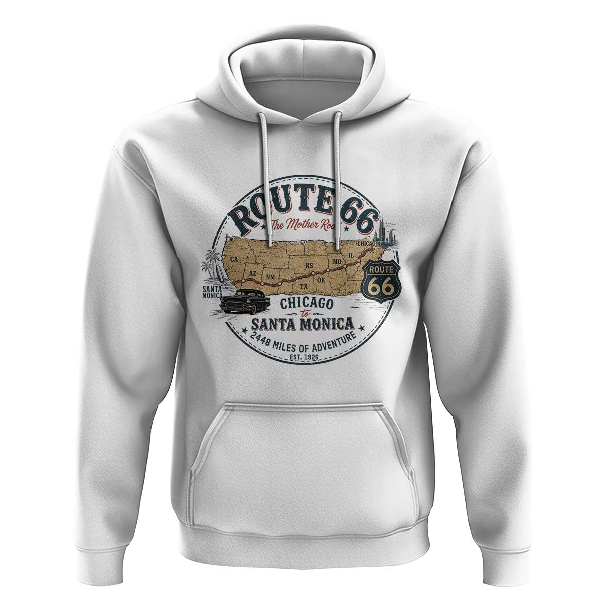 Route Highway 66 Map Chicago to Santa Monica Hoodie Vintage America Road Trip Americana