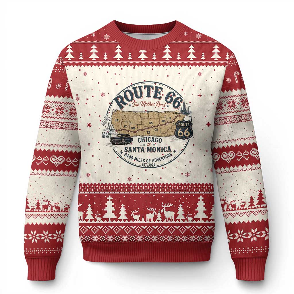 Route Highway 66 Map Chicago to Santa Monica Ugly Christmas Sweater Vintage America Road Trip Americana