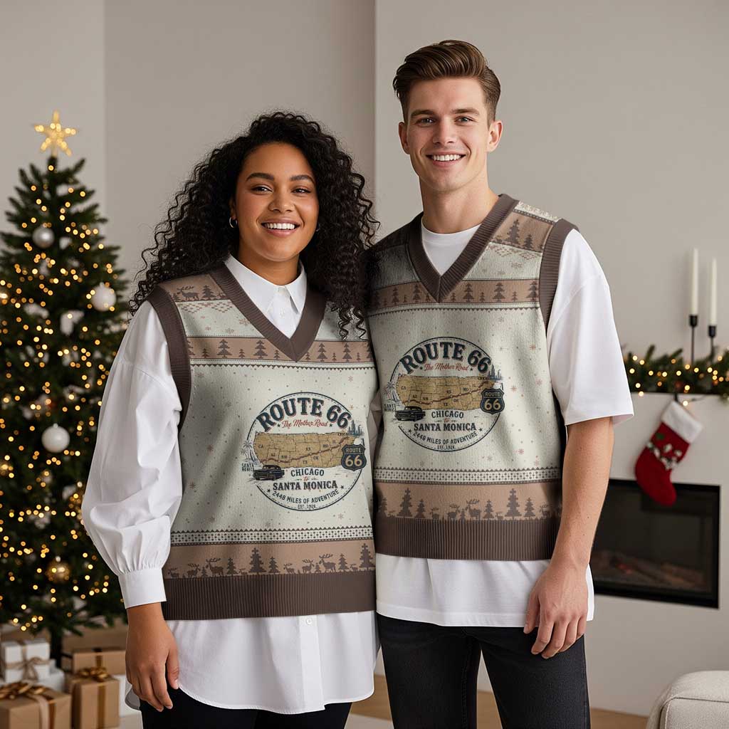 Route Highway 66 Map Chicago to Santa Monica V-Neck Knit Sweater Vest Vintage America Road Trip Americana